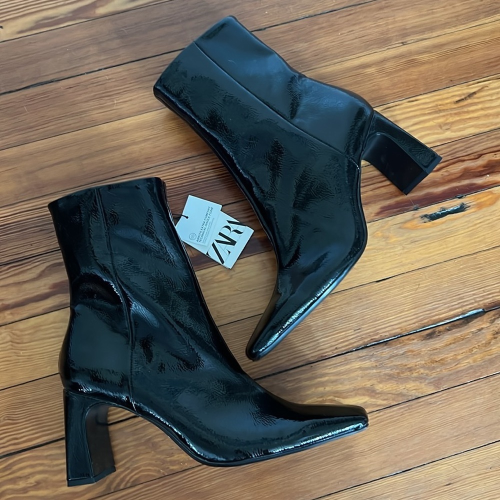 Zara Black Patent Vegan Leather Square Toe High Heel Side Zip Booties - NWT - 8
